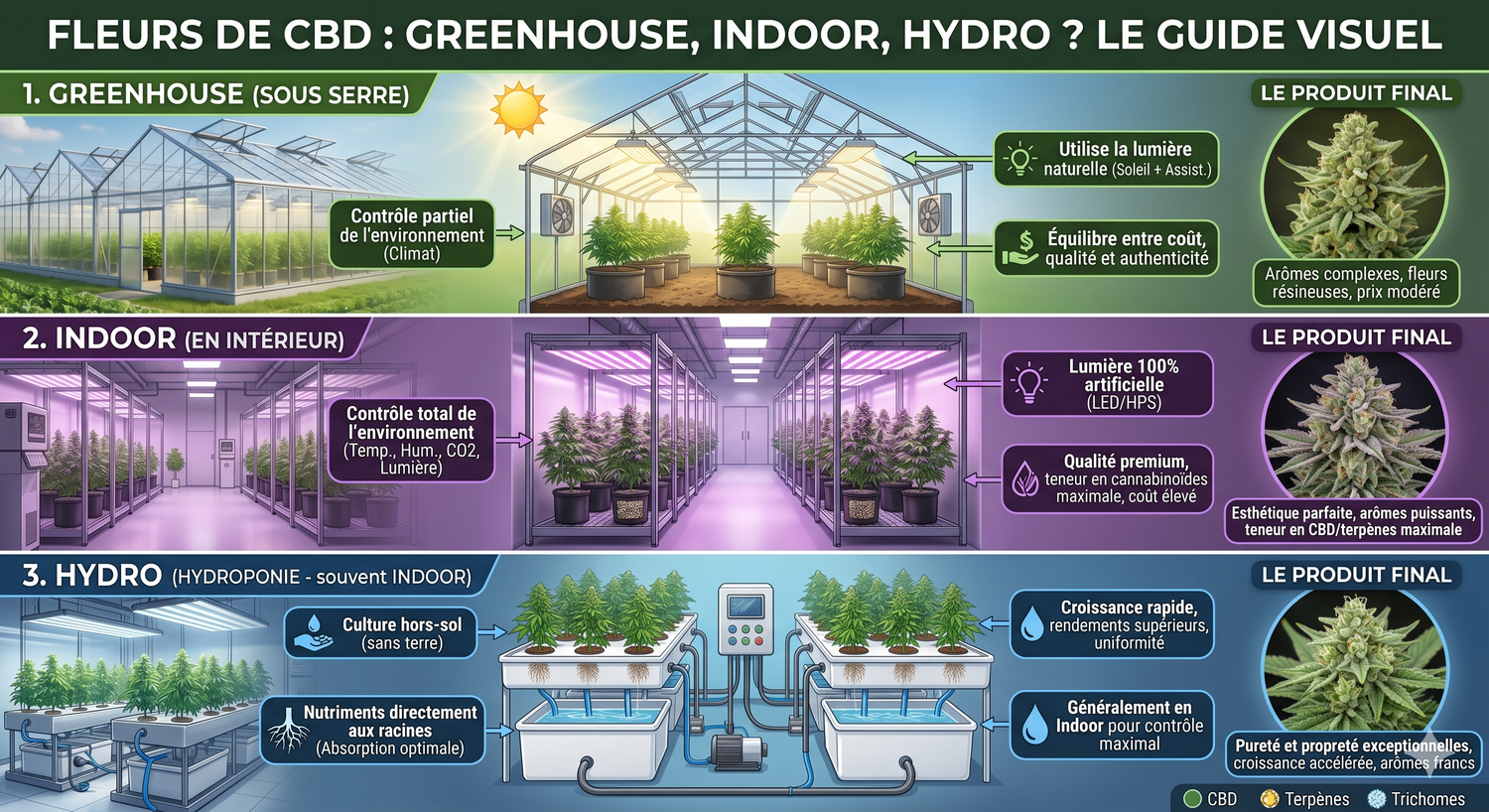 Fleurs de CBD : quelle est la différence entre Greenhouse, Indoor et Hydro ? - 420 Green road
